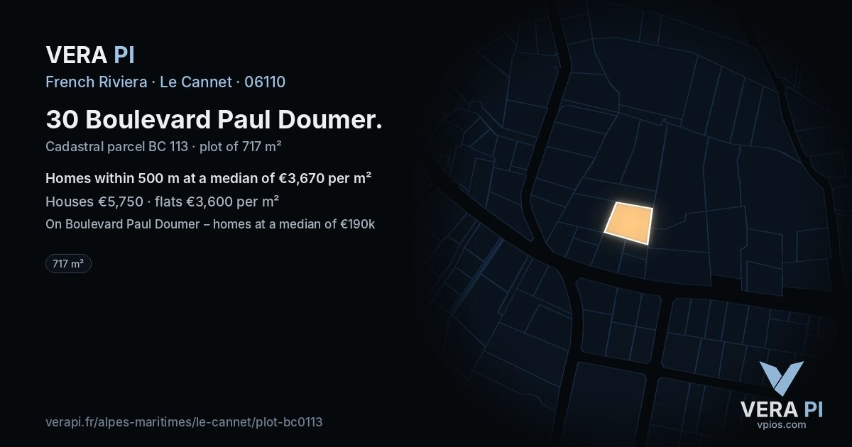 30 Boulevard Paul Doumer, Le Cannet at night – the plot lit, the parcels around coloured by the prices near them