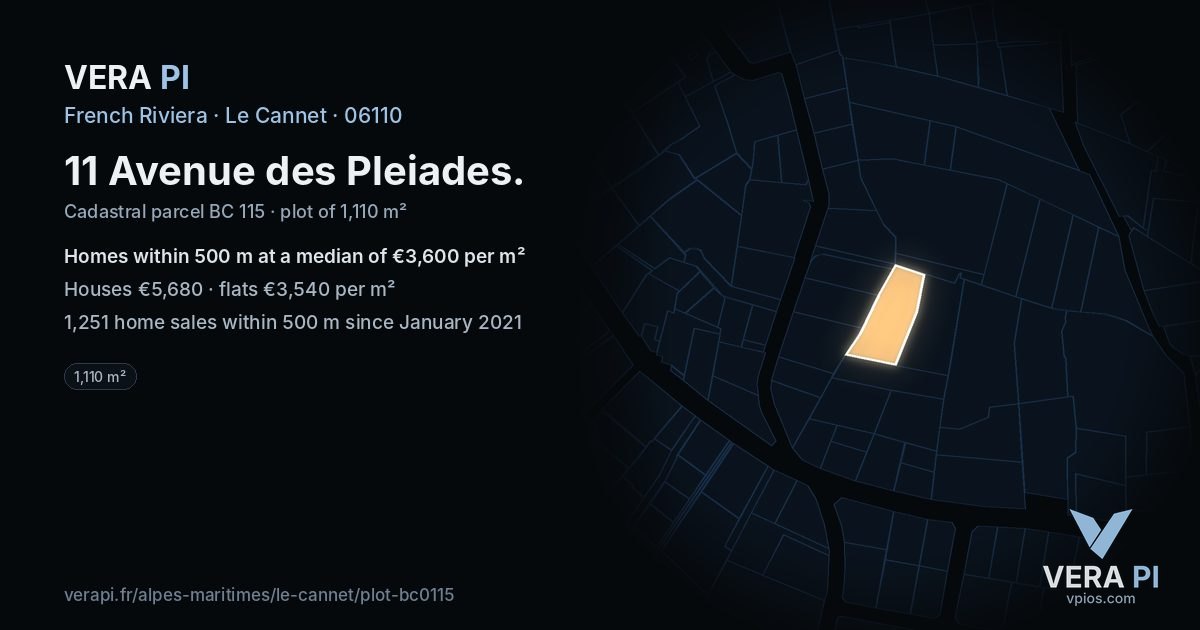 11 Avenue des Pleiades, Le Cannet at night – the plot lit, the parcels around coloured by the prices near them
