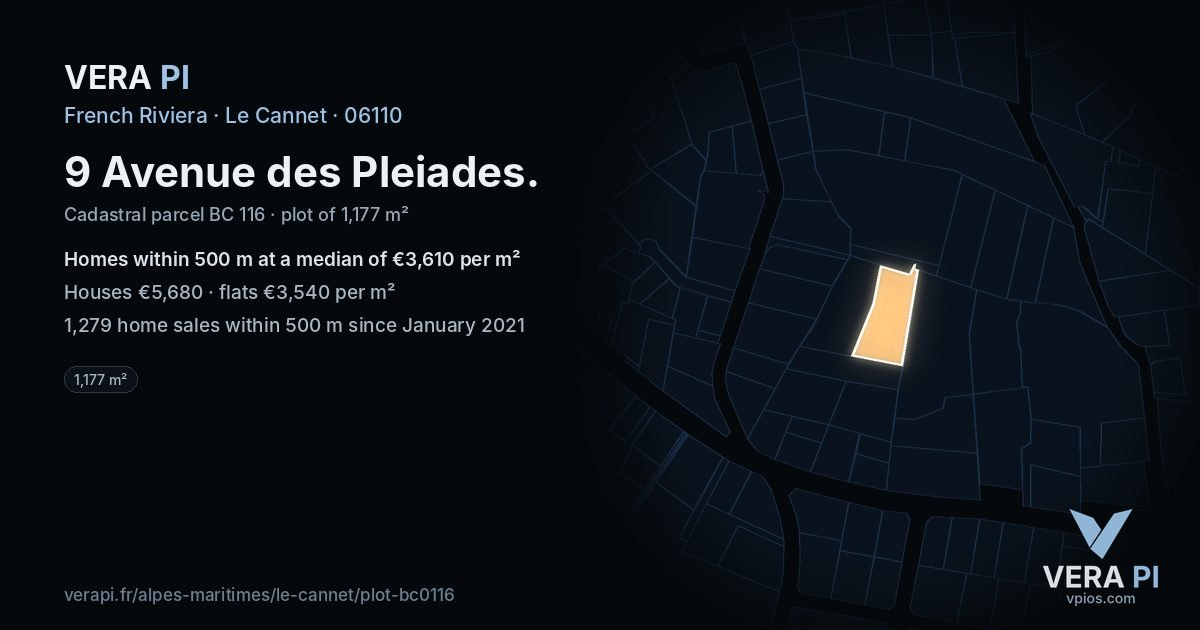 9 Avenue des Pleiades, Le Cannet at night – the plot lit, the parcels around coloured by the prices near them
