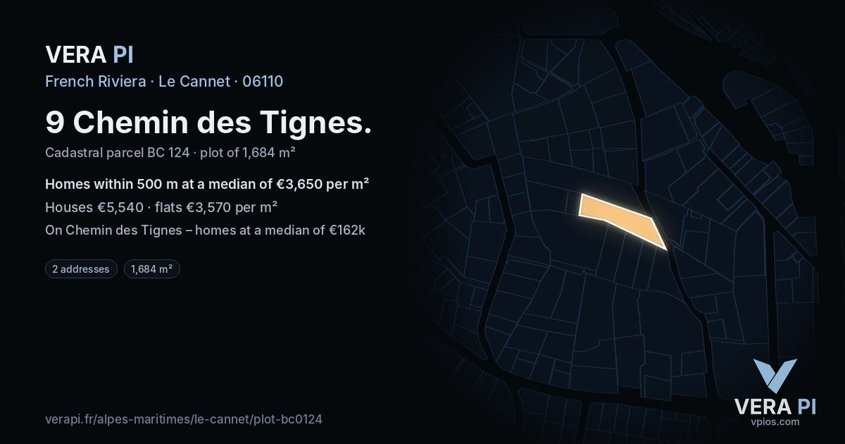 9 Chemin des Tignes, Le Cannet at night – the plot lit, the parcels around coloured by the prices near them