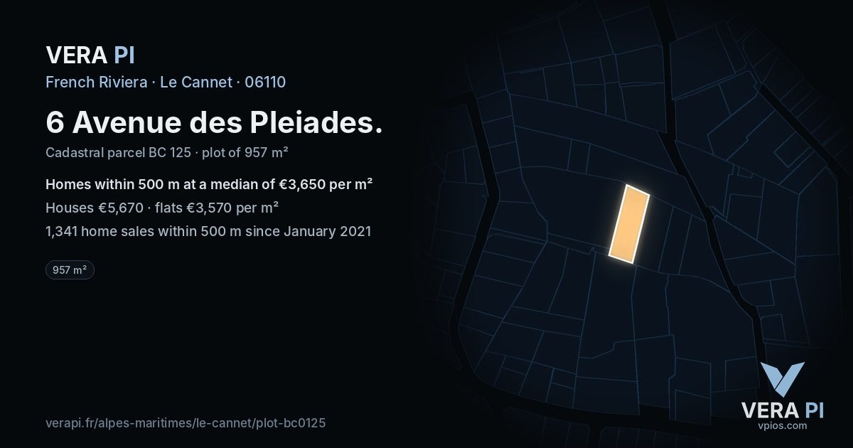 6 Avenue des Pleiades, Le Cannet at night – the plot lit, the parcels around coloured by the prices near them