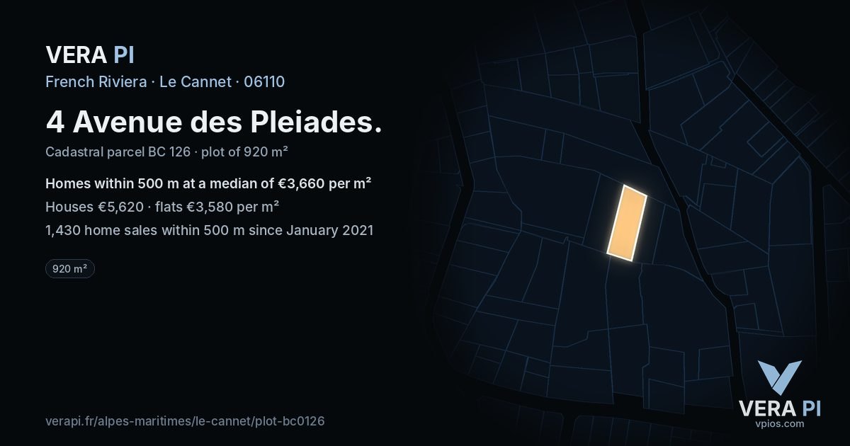 4 Avenue des Pleiades, Le Cannet at night – the plot lit, the parcels around coloured by the prices near them
