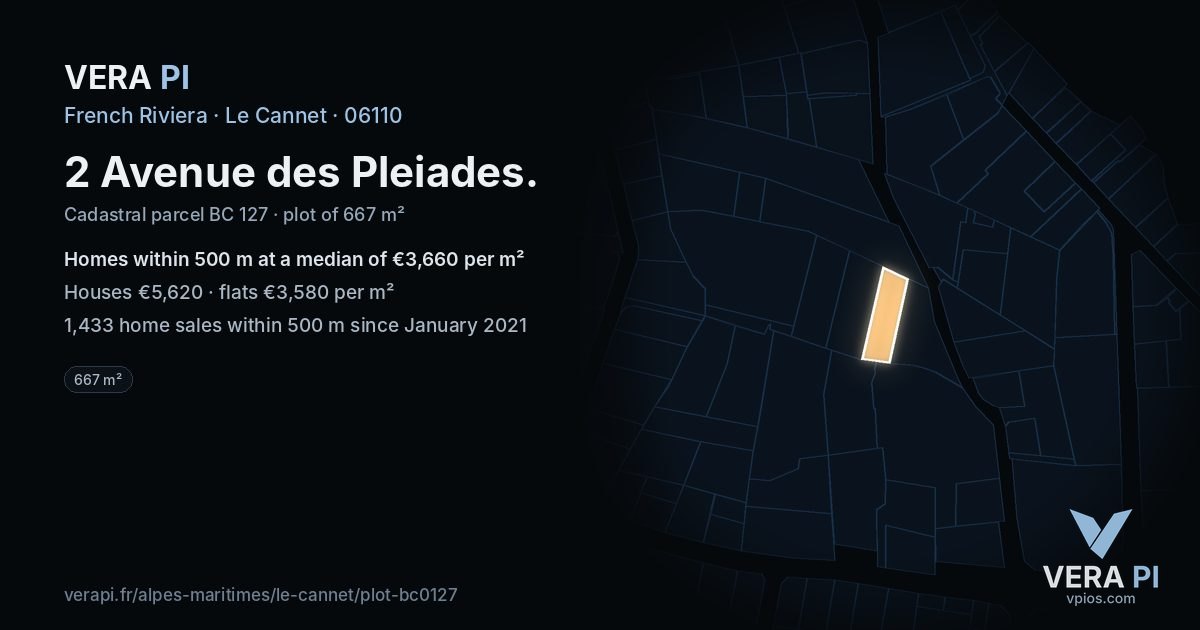 2 Avenue des Pleiades, Le Cannet at night – the plot lit, the parcels around coloured by the prices near them