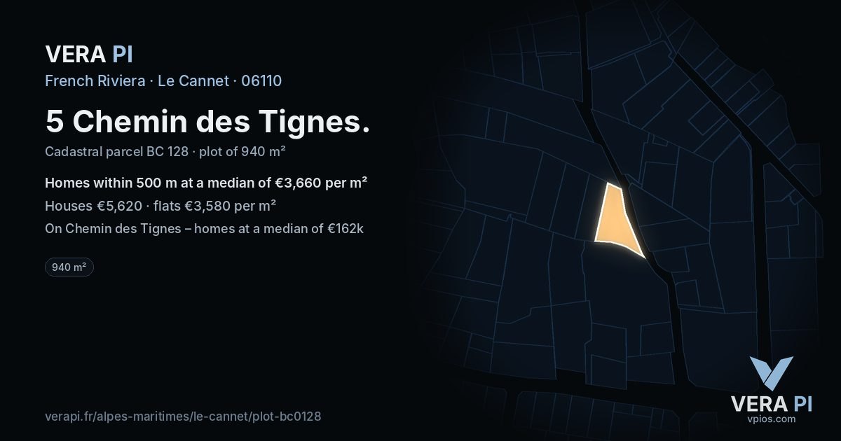 5 Chemin des Tignes, Le Cannet at night – the plot lit, the parcels around coloured by the prices near them