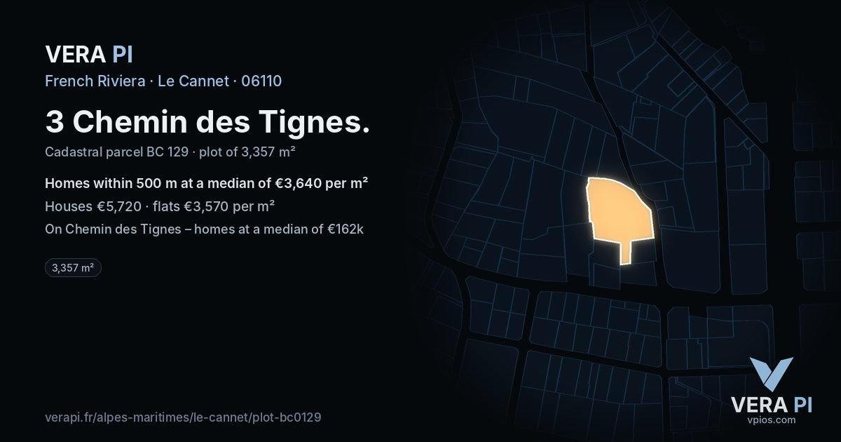 3 Chemin des Tignes, Le Cannet at night – the plot lit, the parcels around coloured by the prices near them