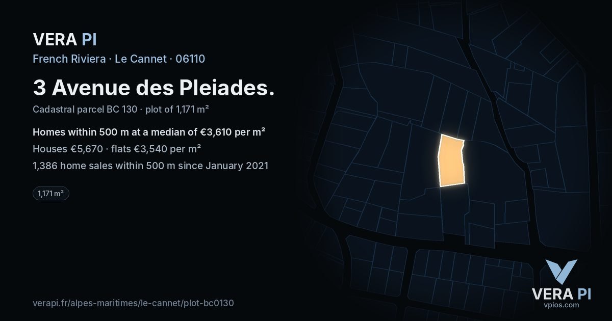 3 Avenue des Pleiades, Le Cannet at night – the plot lit, the parcels around coloured by the prices near them