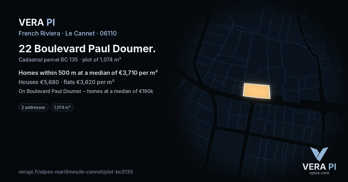 22 Boulevard Paul Doumer, Le Cannet at night – the plot lit, the parcels around coloured by the prices near them