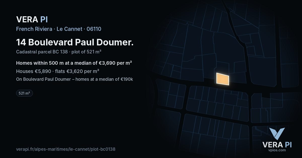 14 Boulevard Paul Doumer, Le Cannet at night – the plot lit, the parcels around coloured by the prices near them