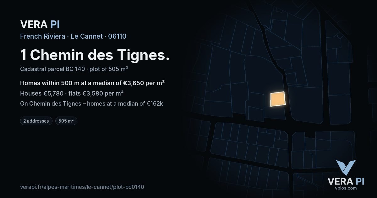 1 Chemin des Tignes, Le Cannet at night – the plot lit, the parcels around coloured by the prices near them