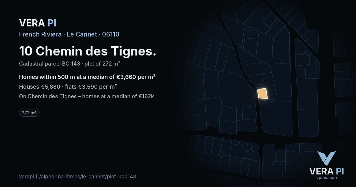 10 Chemin des Tignes, Le Cannet at night – the plot lit, the parcels around coloured by the prices near them