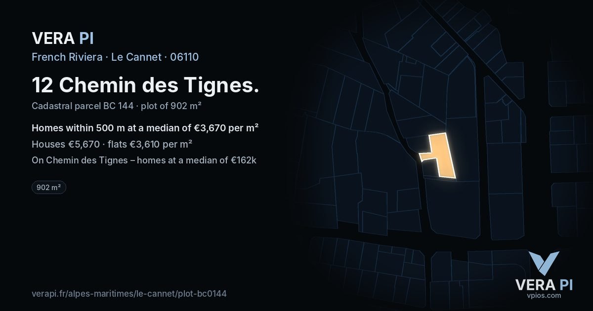12 Chemin des Tignes, Le Cannet at night – the plot lit, the parcels around coloured by the prices near them