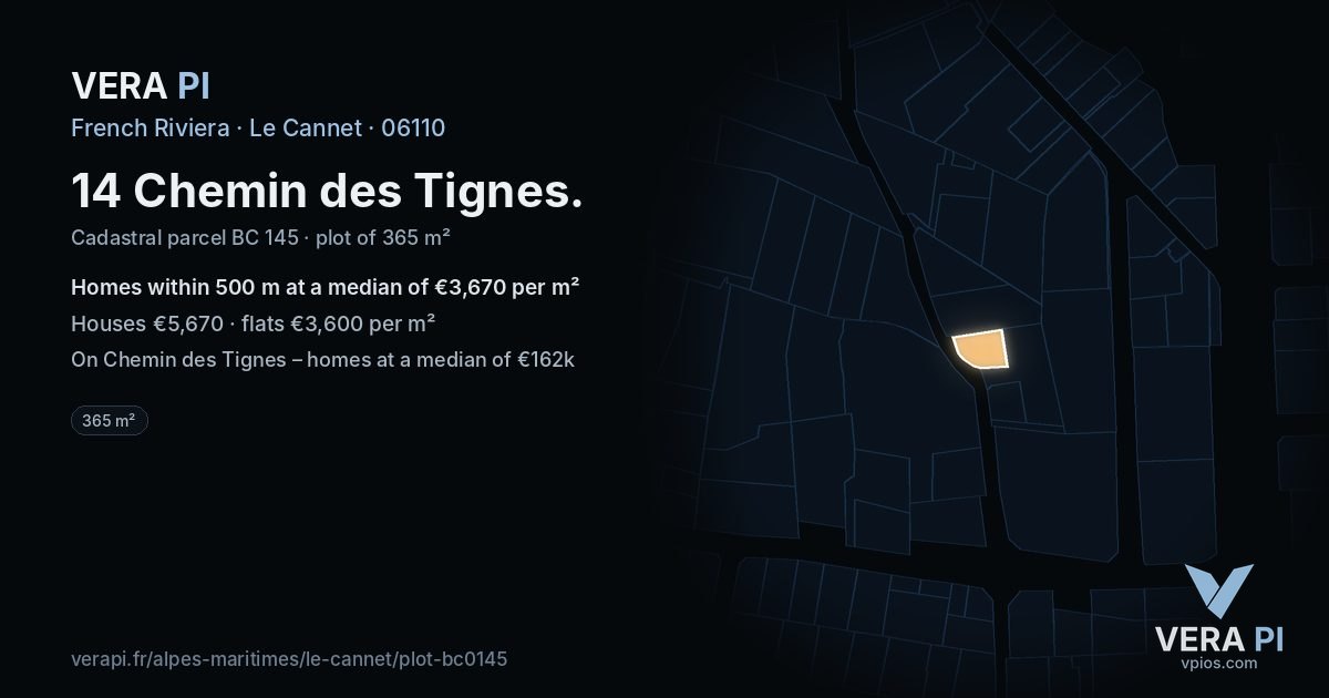 14 Chemin des Tignes, Le Cannet at night – the plot lit, the parcels around coloured by the prices near them