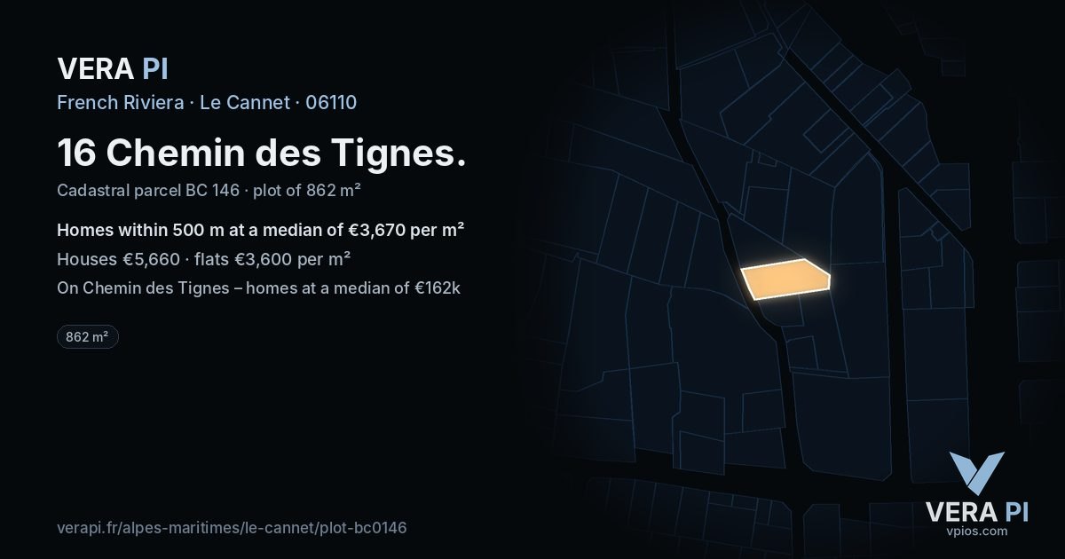 16 Chemin des Tignes, Le Cannet at night – the plot lit, the parcels around coloured by the prices near them