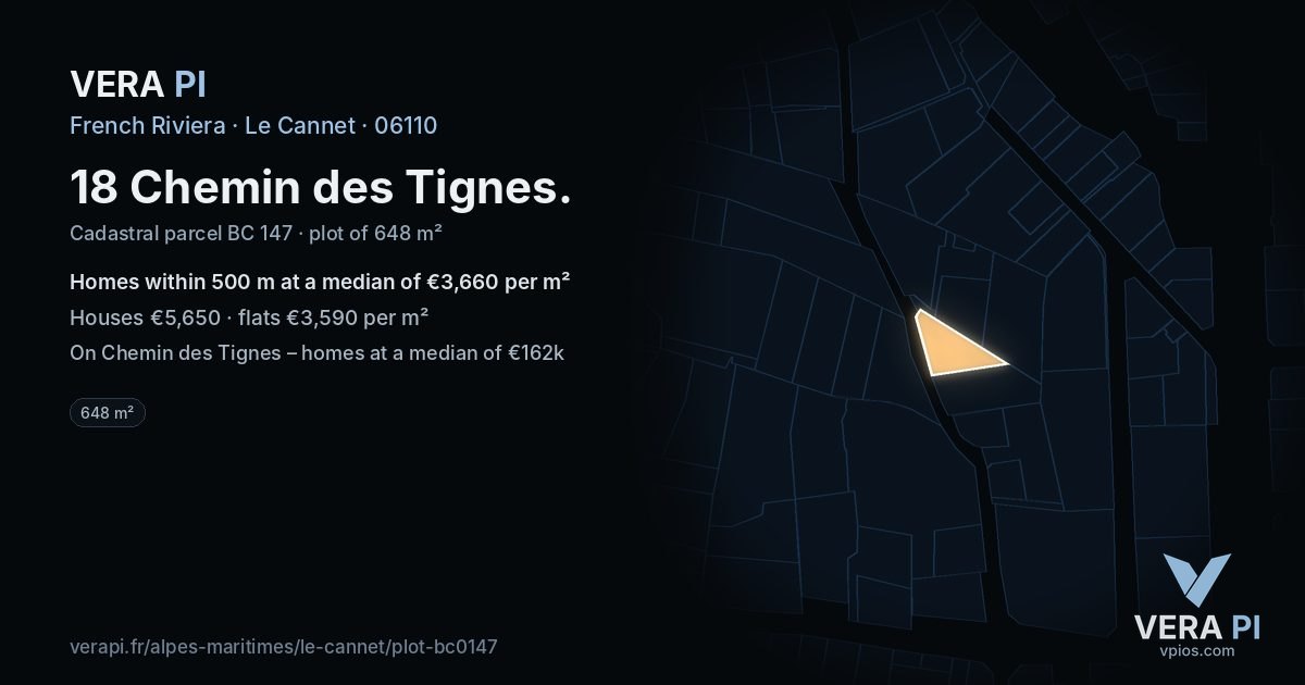 18 Chemin des Tignes, Le Cannet at night – the plot lit, the parcels around coloured by the prices near them