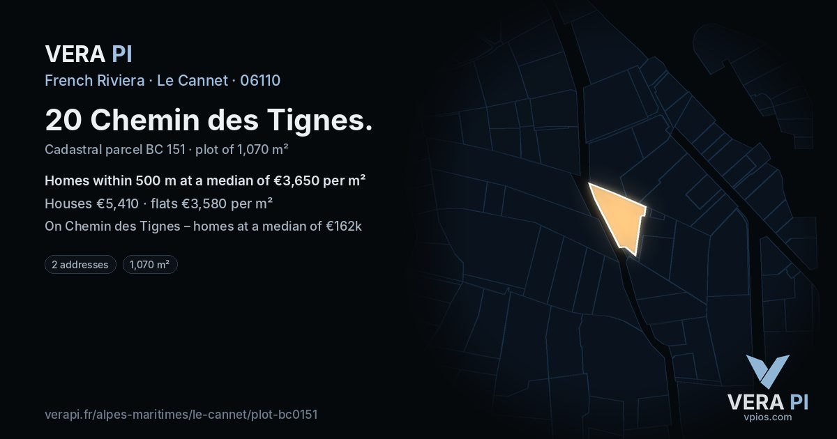 20 Chemin des Tignes, Le Cannet at night – the plot lit, the parcels around coloured by the prices near them
