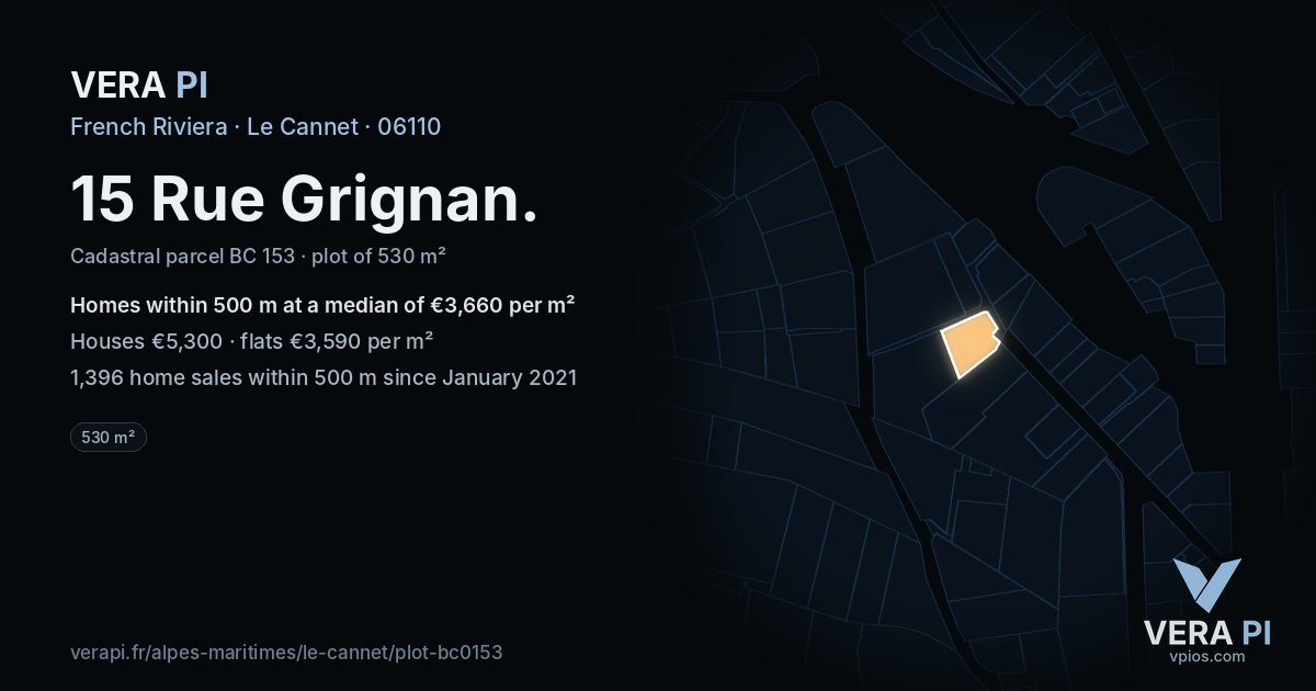 15 Rue Grignan, Le Cannet at night – the plot lit, the parcels around coloured by the prices near them