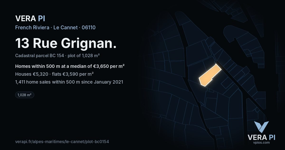 13 Rue Grignan, Le Cannet at night – the plot lit, the parcels around coloured by the prices near them