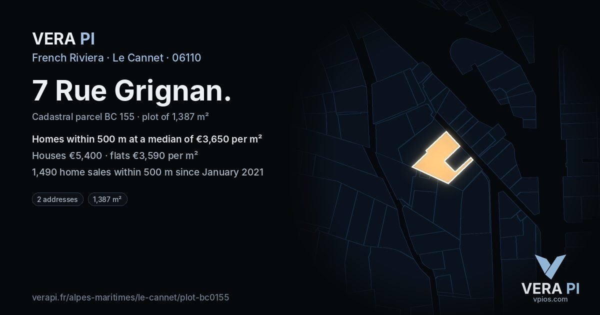 7 Rue Grignan, Le Cannet at night – the plot lit, the parcels around coloured by the prices near them