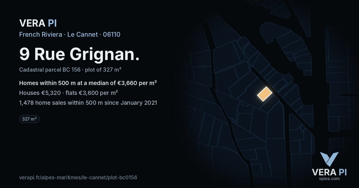 9 Rue Grignan, Le Cannet at night – the plot lit, the parcels around coloured by the prices near them