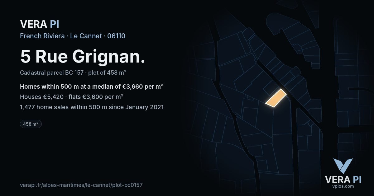 5 Rue Grignan, Le Cannet at night – the plot lit, the parcels around coloured by the prices near them