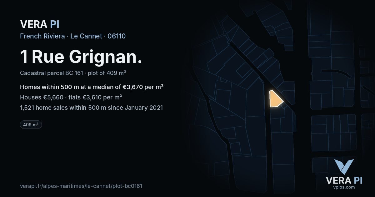 1 Rue Grignan, Le Cannet at night – the plot lit, the parcels around coloured by the prices near them