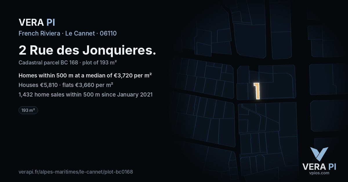 2 Rue des Jonquieres, Le Cannet at night – the plot lit, the parcels around coloured by the prices near them