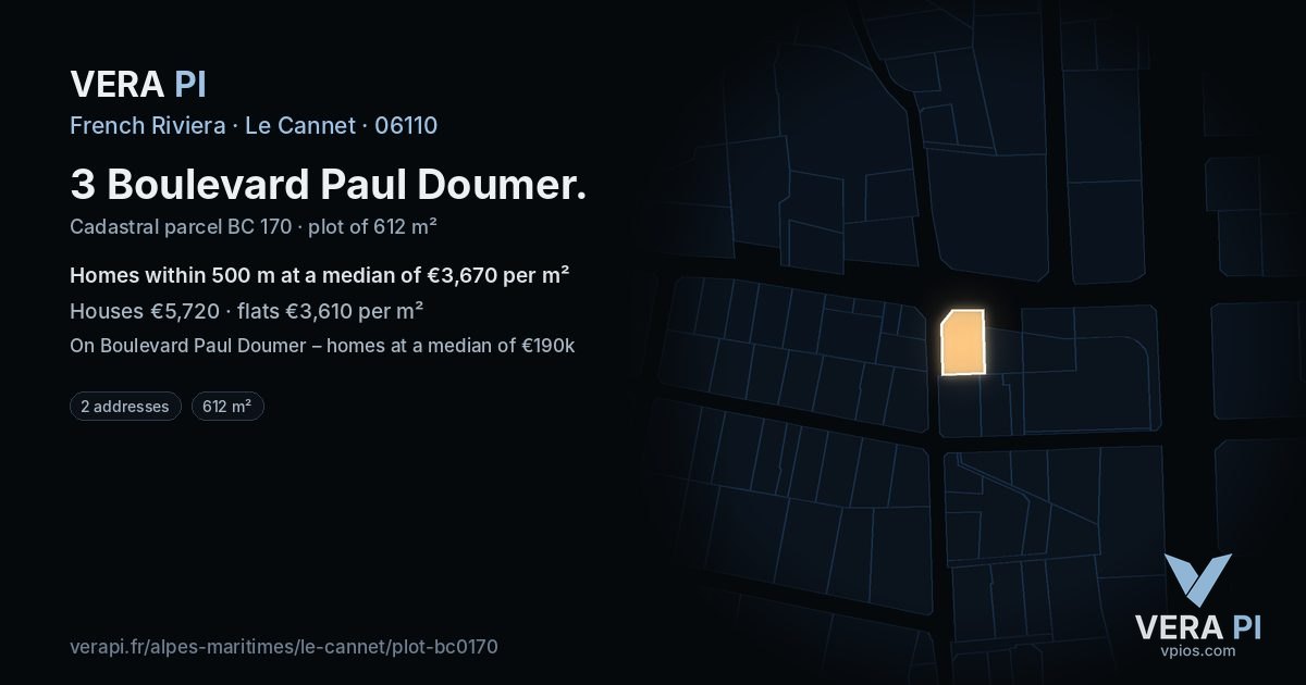 3 Boulevard Paul Doumer, Le Cannet at night – the plot lit, the parcels around coloured by the prices near them