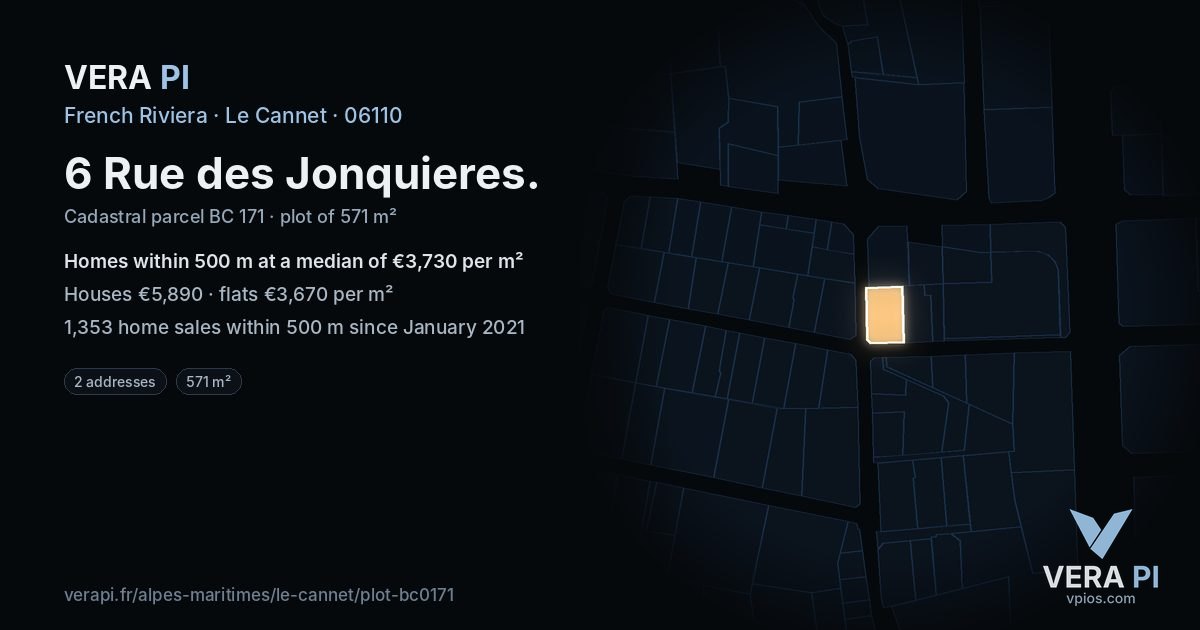6 Rue des Jonquieres, Le Cannet at night – the plot lit, the parcels around coloured by the prices near them