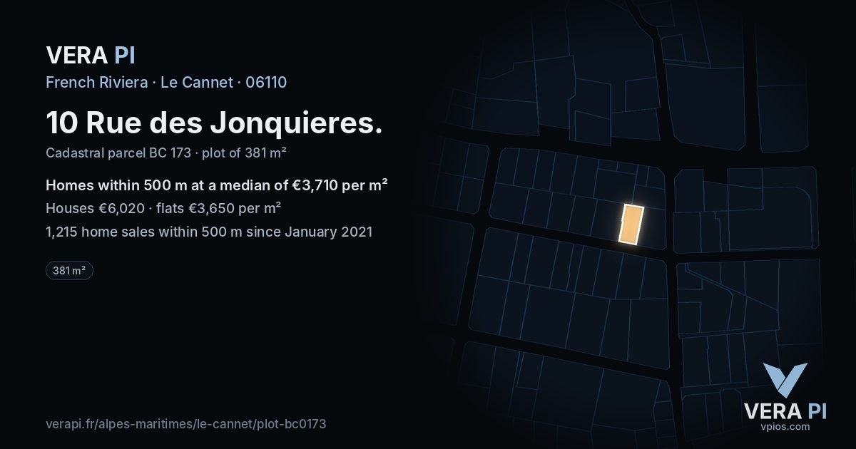 10 Rue des Jonquieres, Le Cannet at night – the plot lit, the parcels around coloured by the prices near them