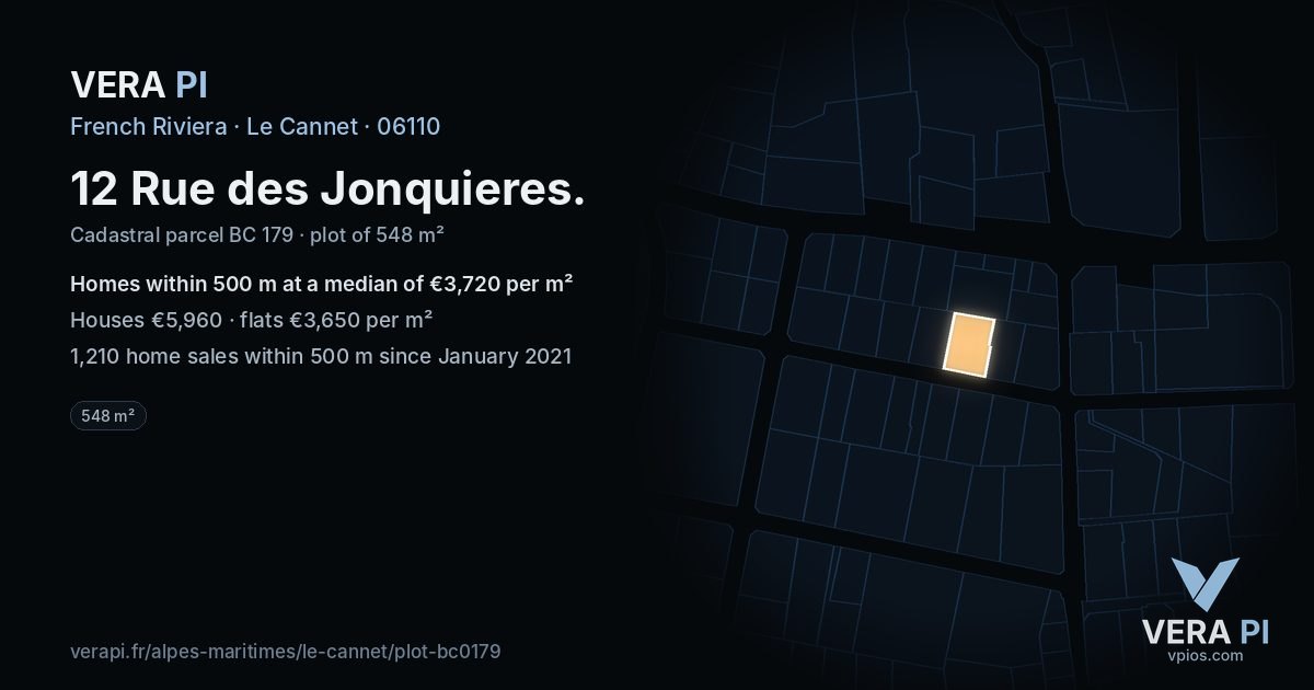 12 Rue des Jonquieres, Le Cannet at night – the plot lit, the parcels around coloured by the prices near them