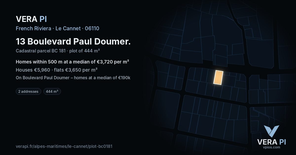 13 Boulevard Paul Doumer, Le Cannet at night – the plot lit, the parcels around coloured by the prices near them