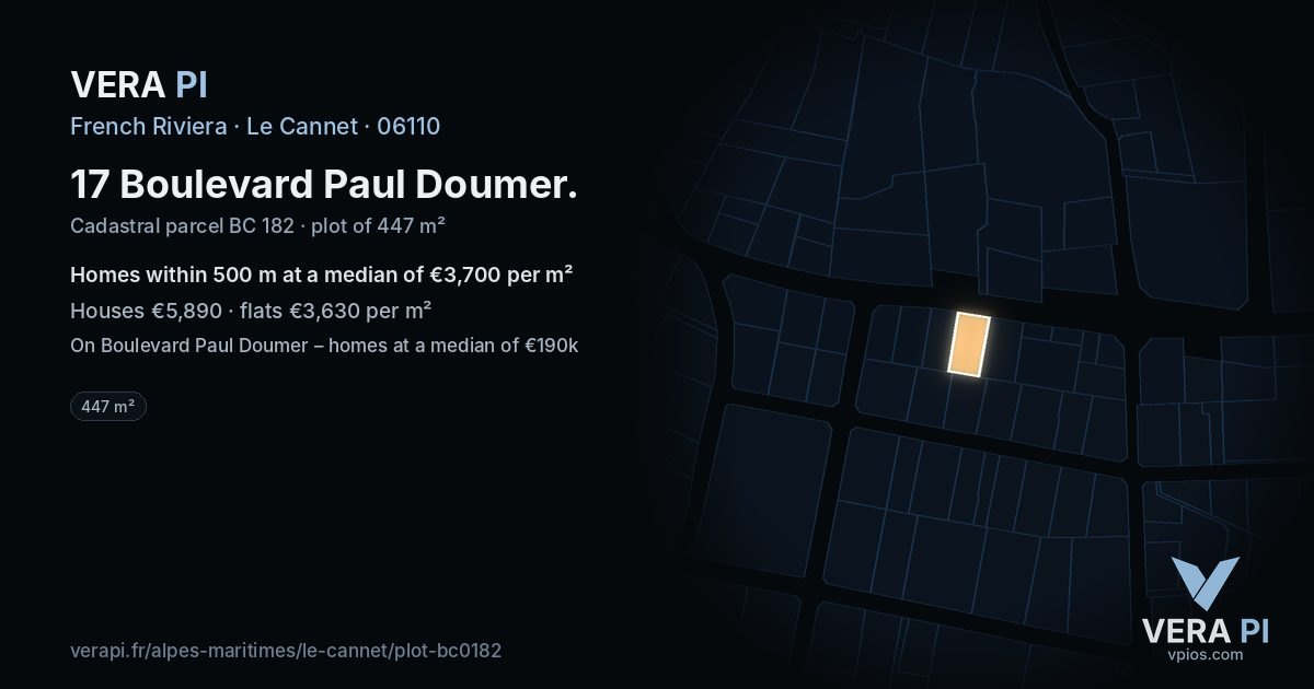 17 Boulevard Paul Doumer, Le Cannet at night – the plot lit, the parcels around coloured by the prices near them