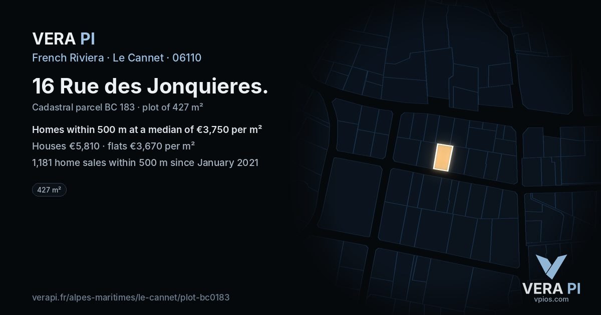 16 Rue des Jonquieres, Le Cannet at night – the plot lit, the parcels around coloured by the prices near them