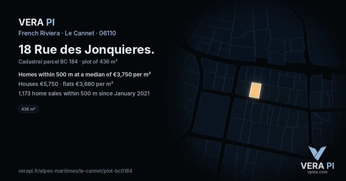 18 Rue des Jonquieres, Le Cannet at night – the plot lit, the parcels around coloured by the prices near them