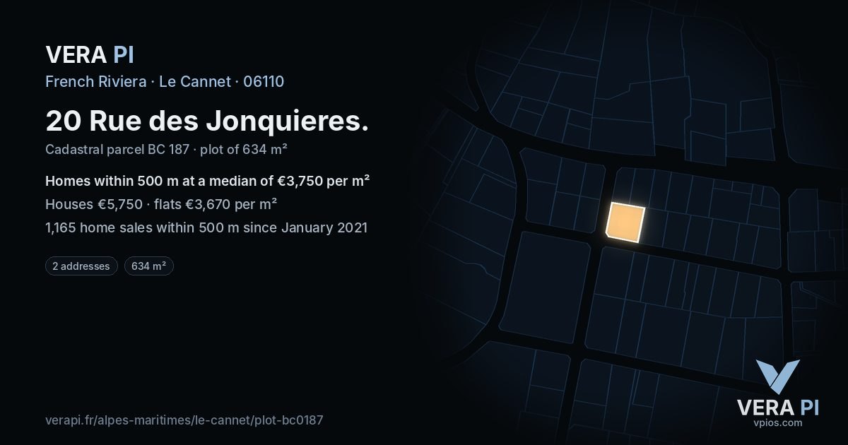 20 Rue des Jonquieres, Le Cannet at night – the plot lit, the parcels around coloured by the prices near them