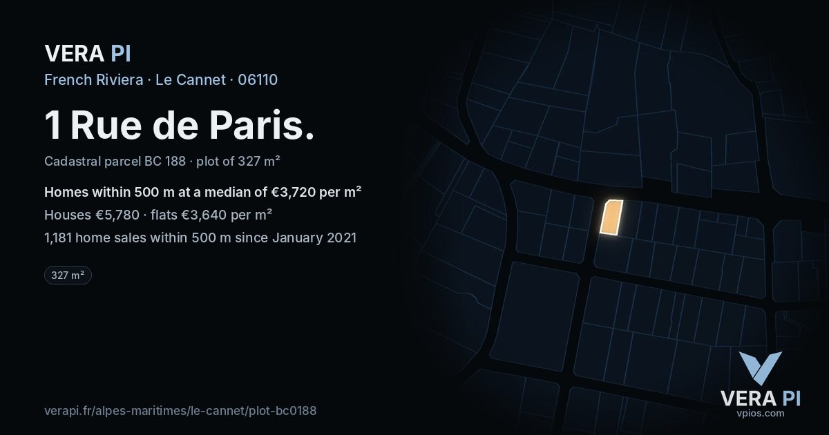 1 Rue de Paris, Le Cannet at night – the plot lit, the parcels around coloured by the prices near them