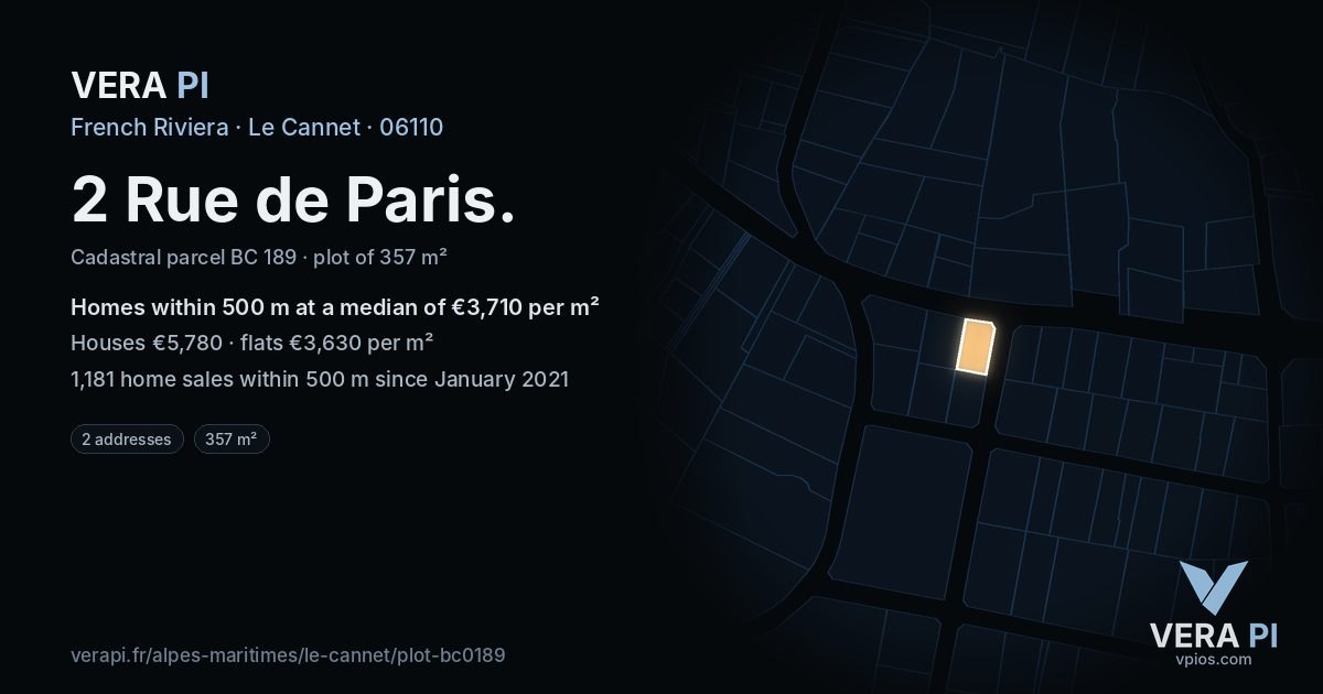 2 Rue de Paris, Le Cannet at night – the plot lit, the parcels around coloured by the prices near them