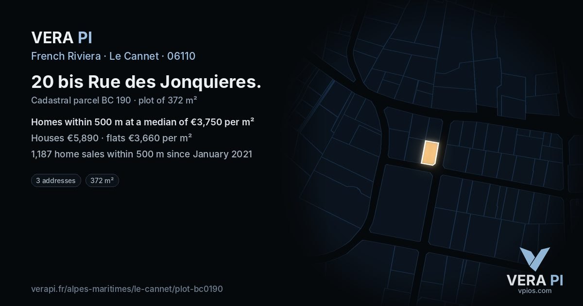 20 bis Rue des Jonquieres, Le Cannet at night – the plot lit, the parcels around coloured by the prices near them