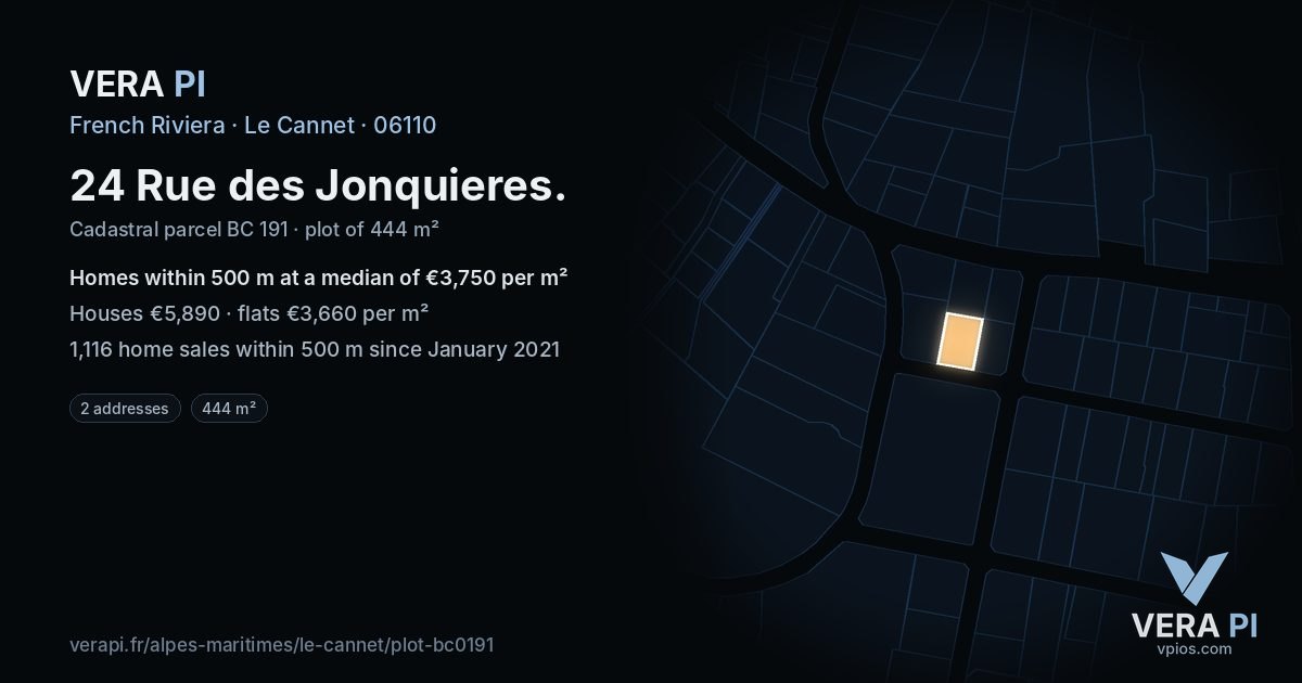 24 Rue des Jonquieres, Le Cannet at night – the plot lit, the parcels around coloured by the prices near them
