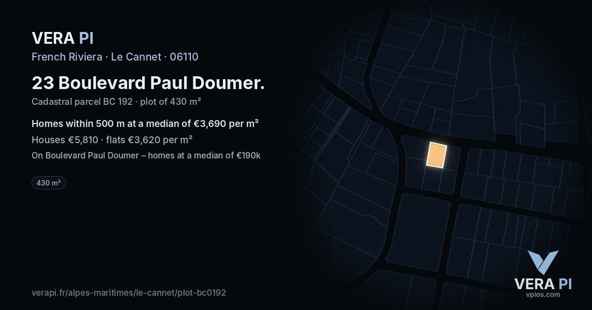 23 Boulevard Paul Doumer, Le Cannet at night – the plot lit, the parcels around coloured by the prices near them