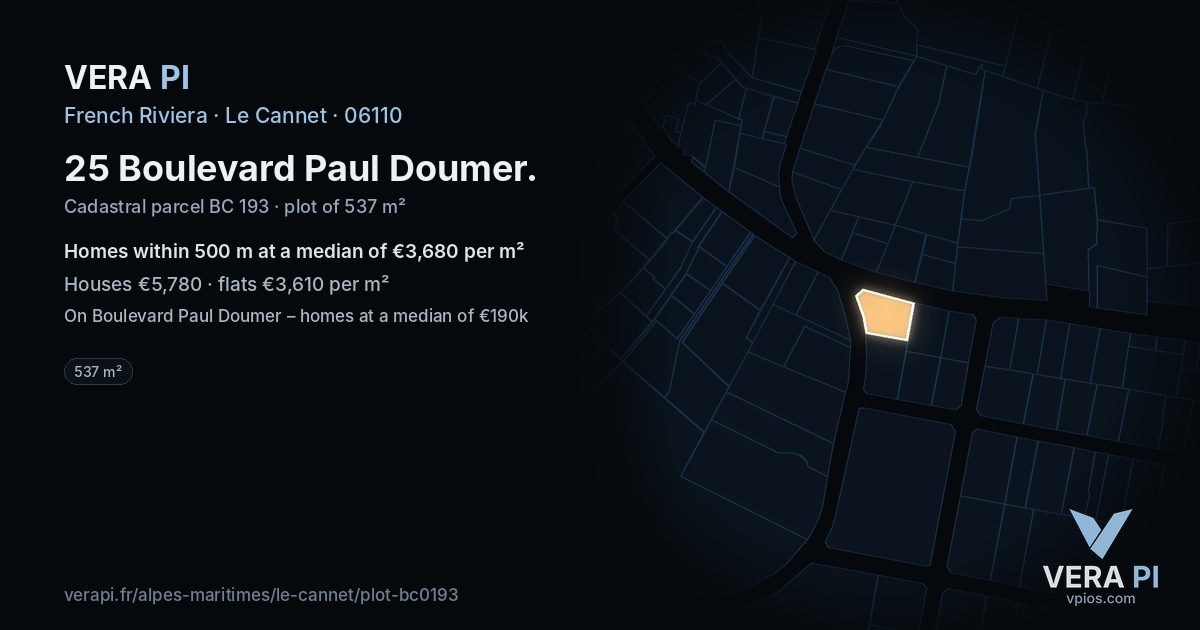25 Boulevard Paul Doumer, Le Cannet at night – the plot lit, the parcels around coloured by the prices near them