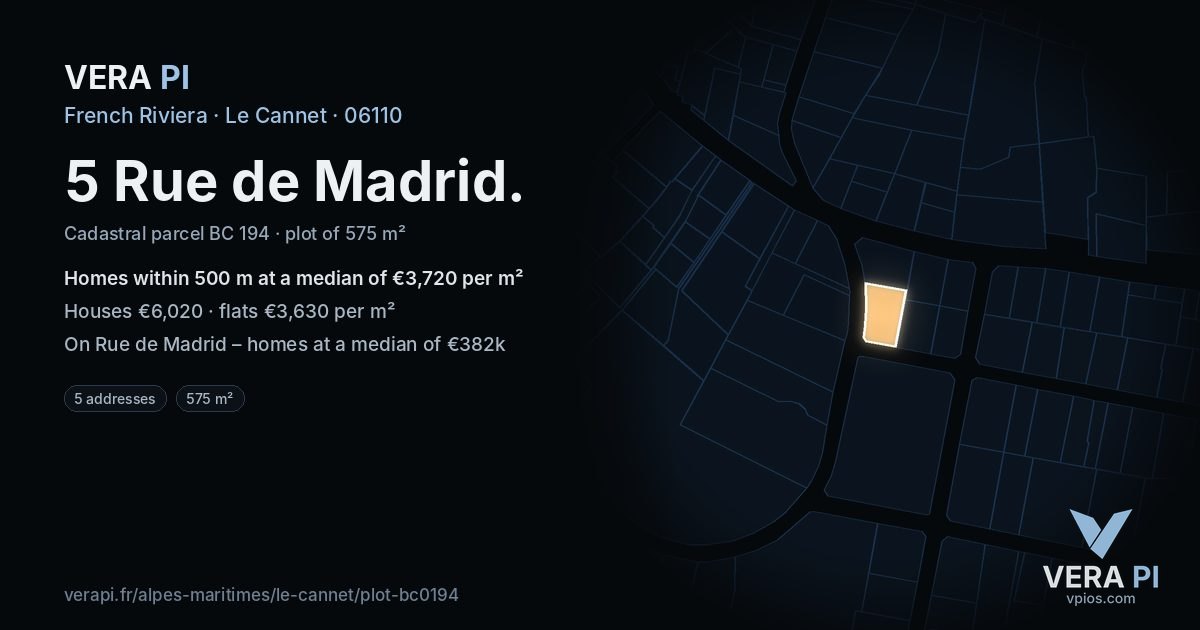 5 Rue de Madrid, Le Cannet at night – the plot lit, the parcels around coloured by the prices near them