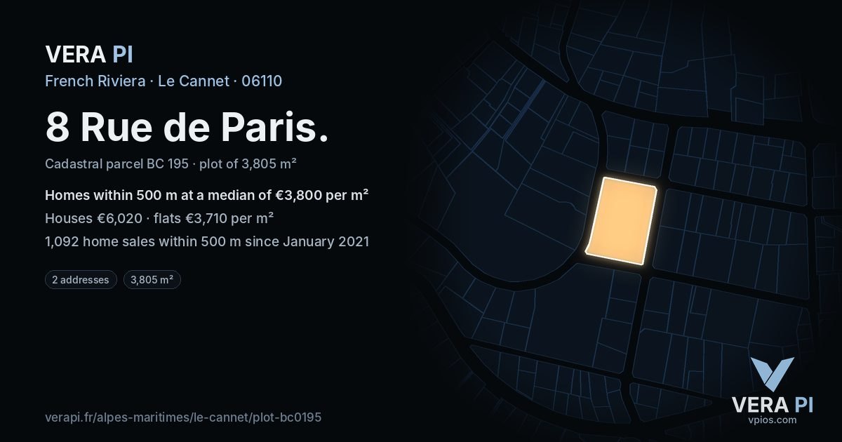 8 Rue de Paris, Le Cannet at night – the plot lit, the parcels around coloured by the prices near them