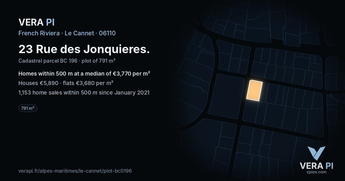 23 Rue des Jonquieres, Le Cannet at night – the plot lit, the parcels around coloured by the prices near them