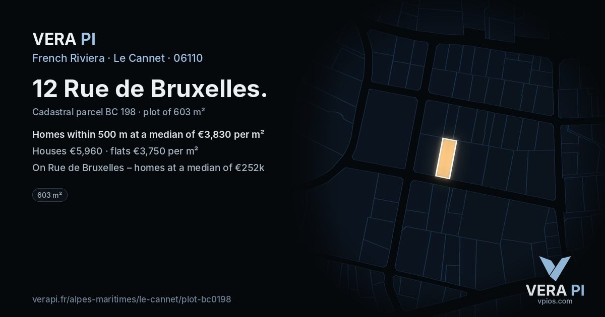 12 Rue de Bruxelles, Le Cannet at night – the plot lit, the parcels around coloured by the prices near them