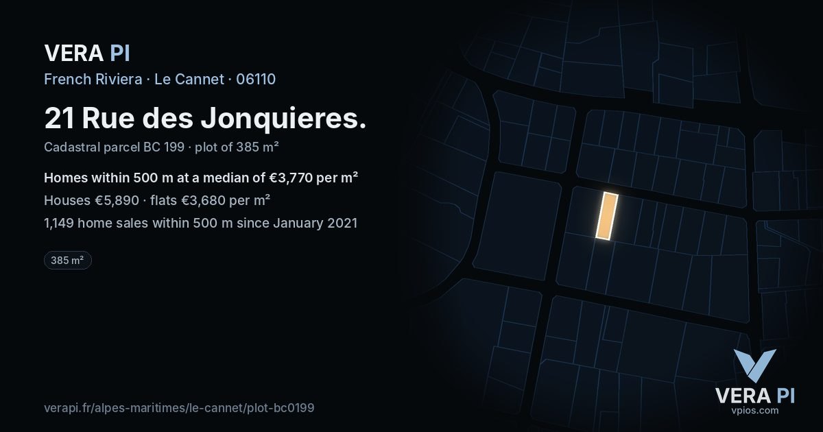 21 Rue des Jonquieres, Le Cannet at night – the plot lit, the parcels around coloured by the prices near them