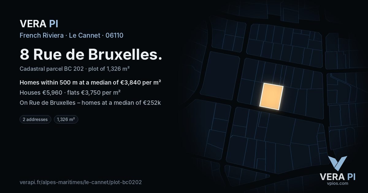8 Rue de Bruxelles, Le Cannet at night – the plot lit, the parcels around coloured by the prices near them