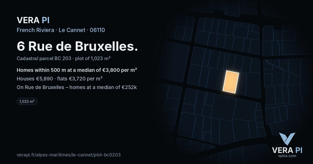 6 Rue de Bruxelles, Le Cannet at night – the plot lit, the parcels around coloured by the prices near them