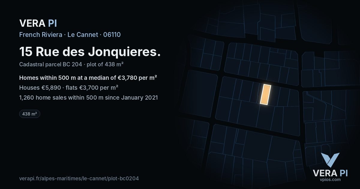 15 Rue des Jonquieres, Le Cannet at night – the plot lit, the parcels around coloured by the prices near them