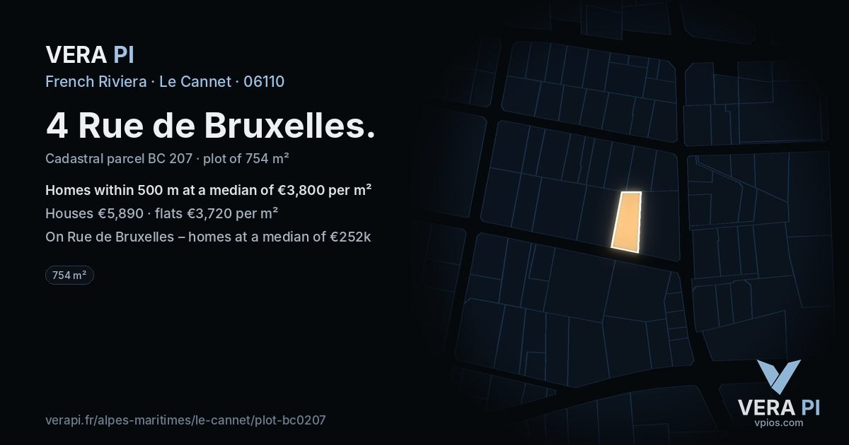 4 Rue de Bruxelles, Le Cannet at night – the plot lit, the parcels around coloured by the prices near them